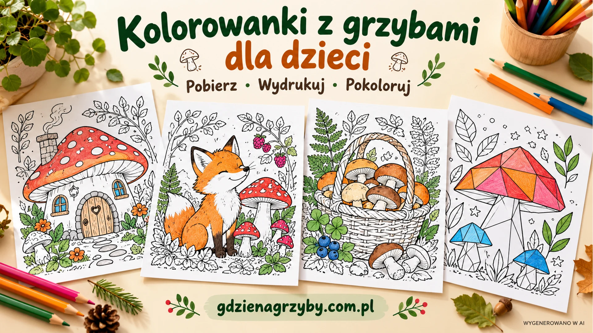 Czarno-białe kolorowanki z domkiem grzybkiem, lisem i koszykiem, otoczone kredkami