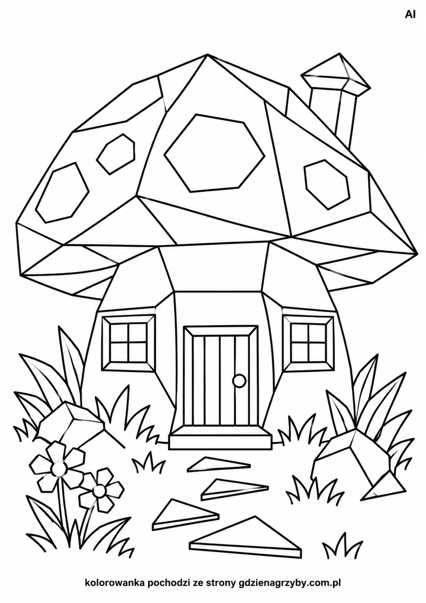 Origami - domek grzybek - czarne kontury na białym tle do kolorowania