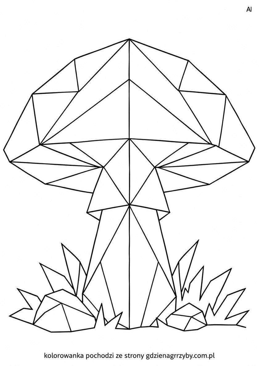 Origami - jeden grzybek - czarne kontury na białym tle do kolorowania