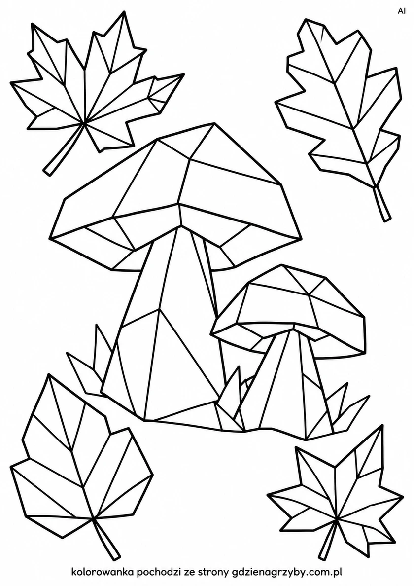 Origami - grzyby i liście - czarne kontury na białym tle do kolorowania