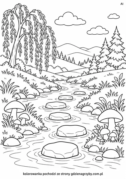 Grzyby nad strumieniem - kolorowanka do druku