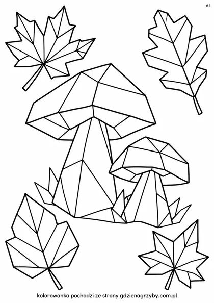 Origami - grzyby i liście - kolorowanka do druku