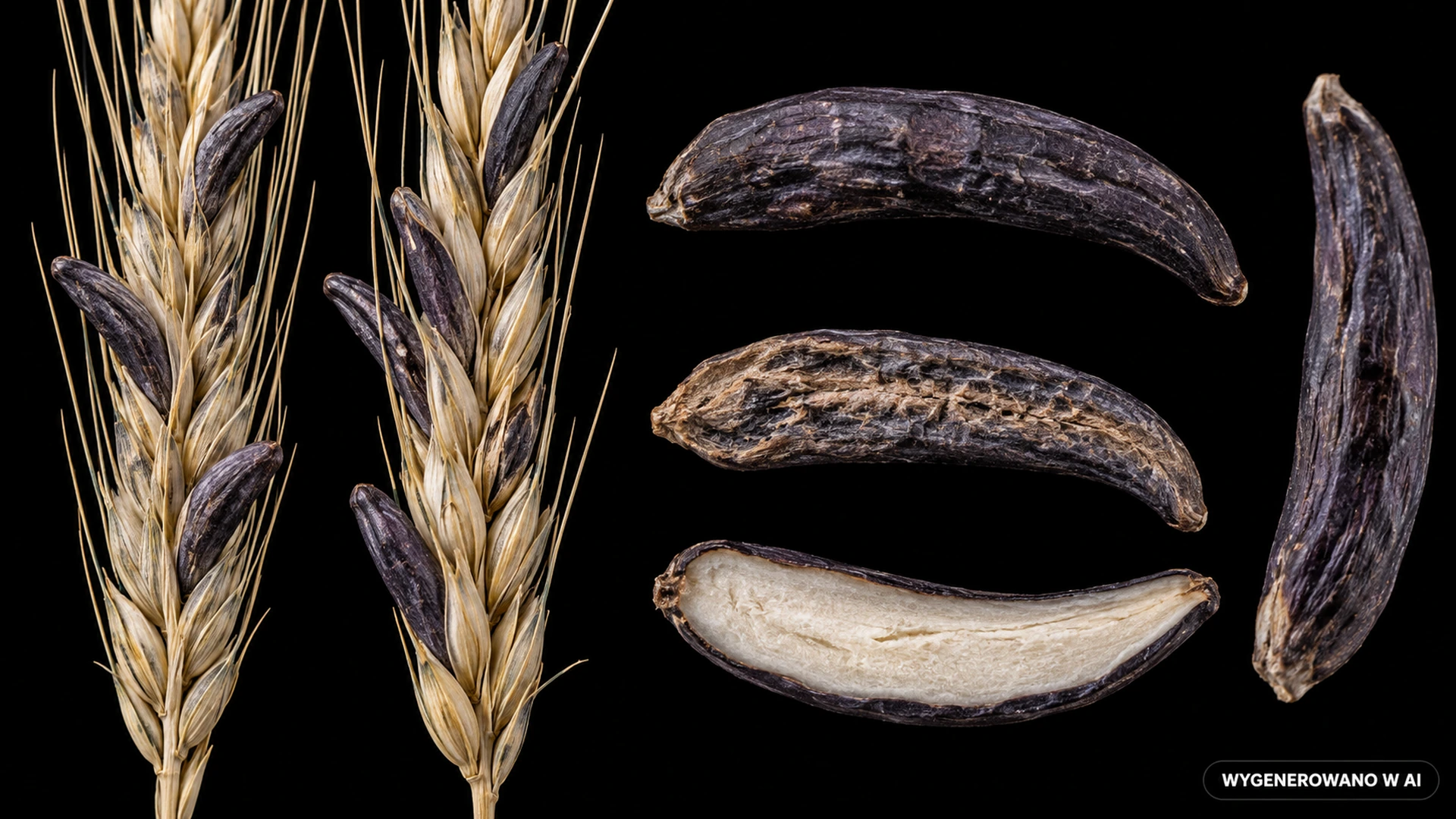 Buławinka czerwona (Claviceps purpurea) na studyjnej planszy cech rozpoznawczych