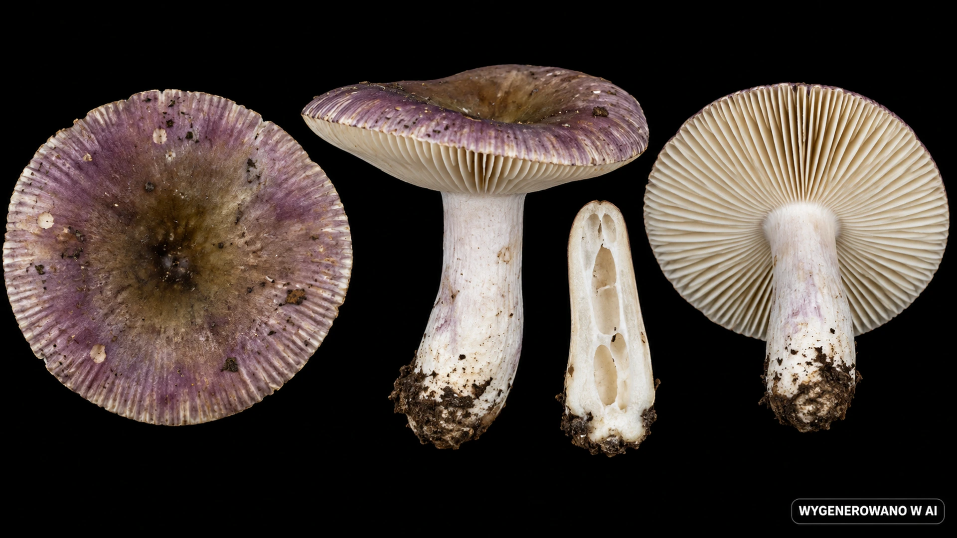 Gołąbek komorowaty (Russula cavipes) na studyjnej planszy cech rozpoznawczych