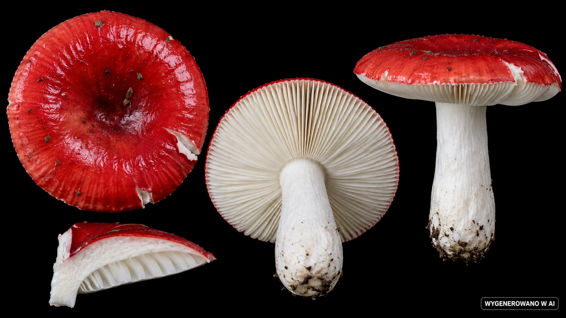Gołąbek wymiotny (Russula emetica) na studyjnej planszy cech rozpoznawczych