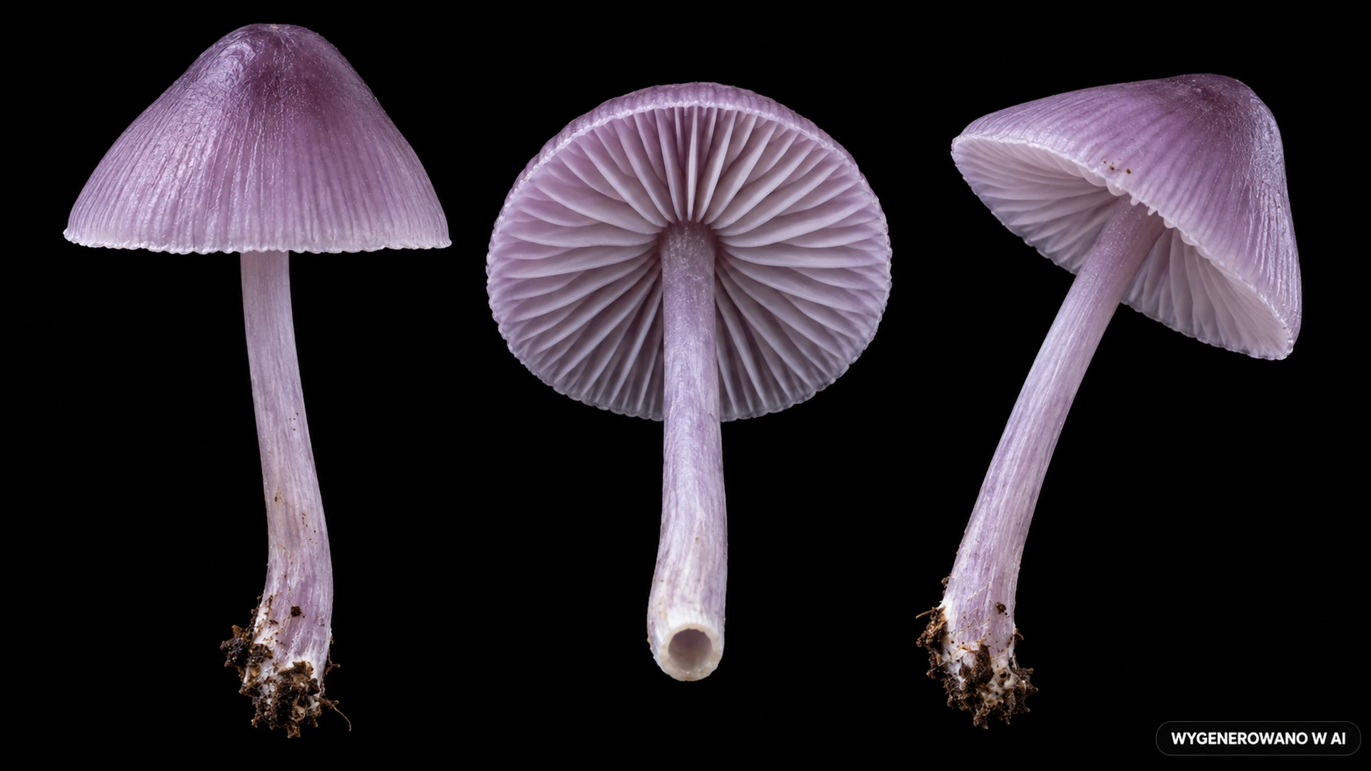 Grzybówka fioletowawa (Mycena pura) na studyjnej planszy cech rozpoznawczych
