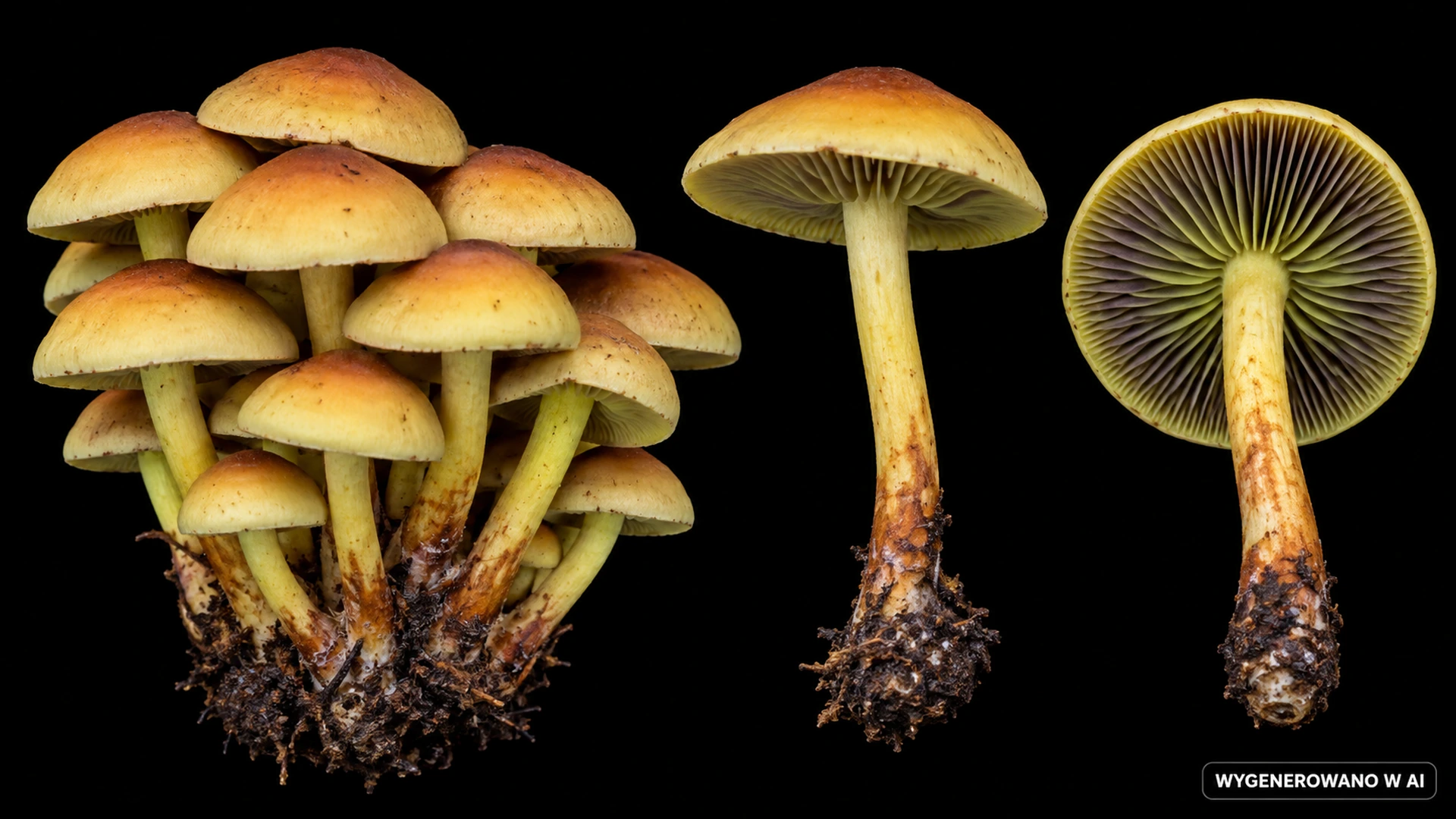 Maślanka wiązkowa (Hypholoma fasciculare) na studyjnej planszy cech rozpoznawczych