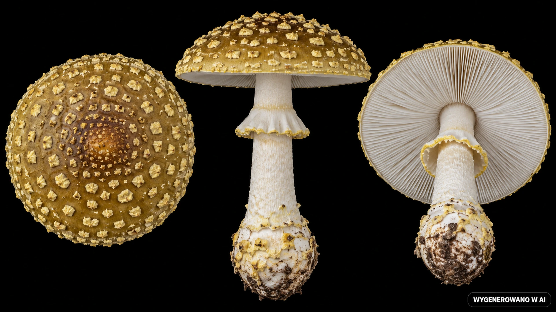 Muchomor szorstki (Amanita franchetii) na studyjnej planszy cech rozpoznawczych