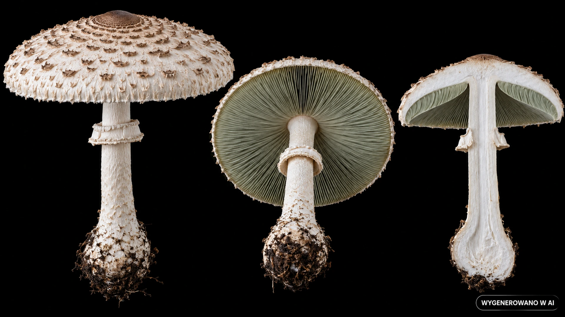 Sinoblaszek trujący (Chlorophyllum molybdites) na studyjnej planszy cech rozpoznawczych