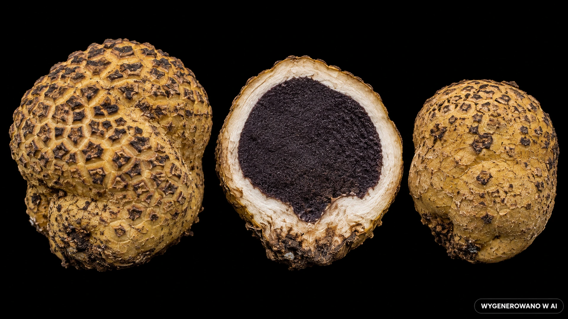 Tęgoskór cytrynowy (Scleroderma citrinum) na studyjnej planszy cech rozpoznawczych