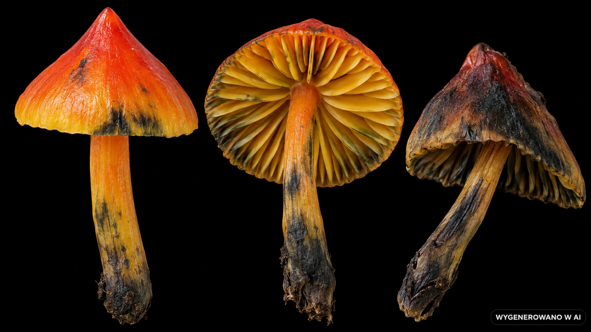 Wilgotnica czerniejąca (Hygrocybe conica) na studyjnej planszy cech rozpoznawczych