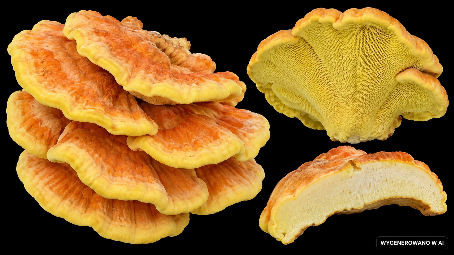 Żółciak siarkowy (Laetiporus sulphureus) na studyjnej planszy cech rozpoznawczych