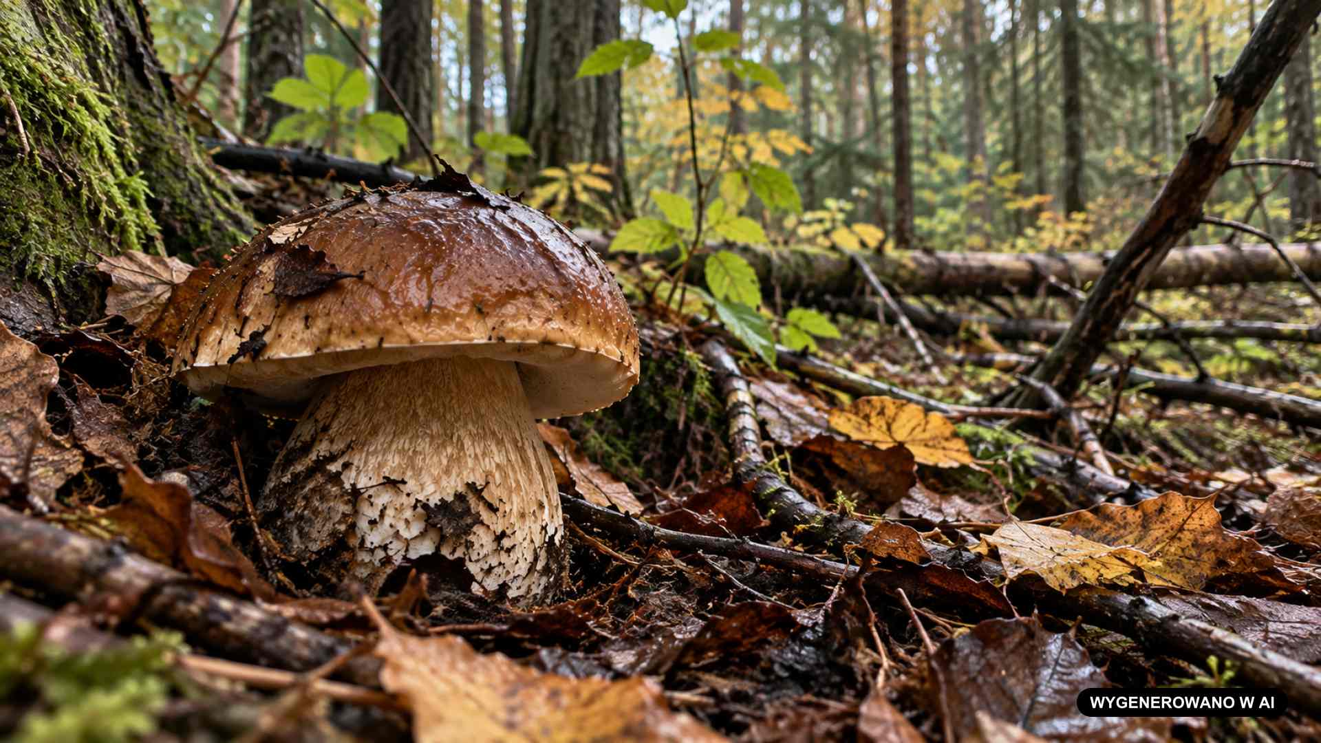 Borowik szlachetny rosnący wśród mchu i jesiennej ściółki w lesie
