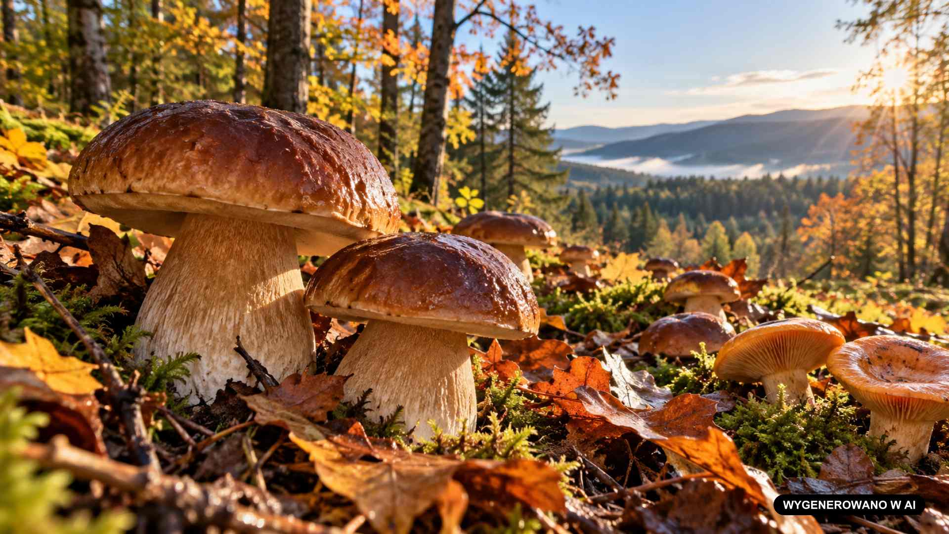 Borowiki i inne grzyby rosnące w wilgotnej ściółce jesiennego lasu