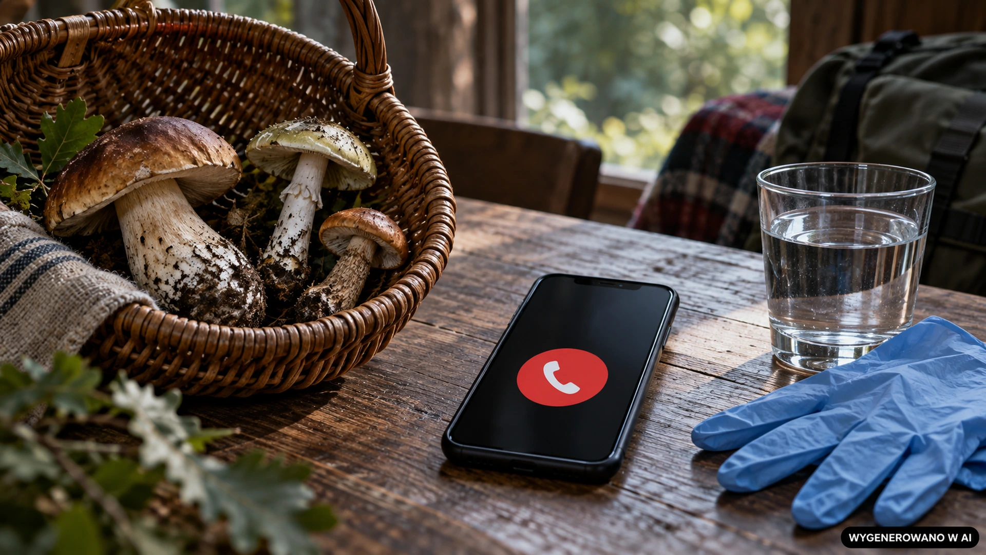 Kosz z niezidentyfikowanymi grzybami obok telefonu alarmowego i rękawic medycznych