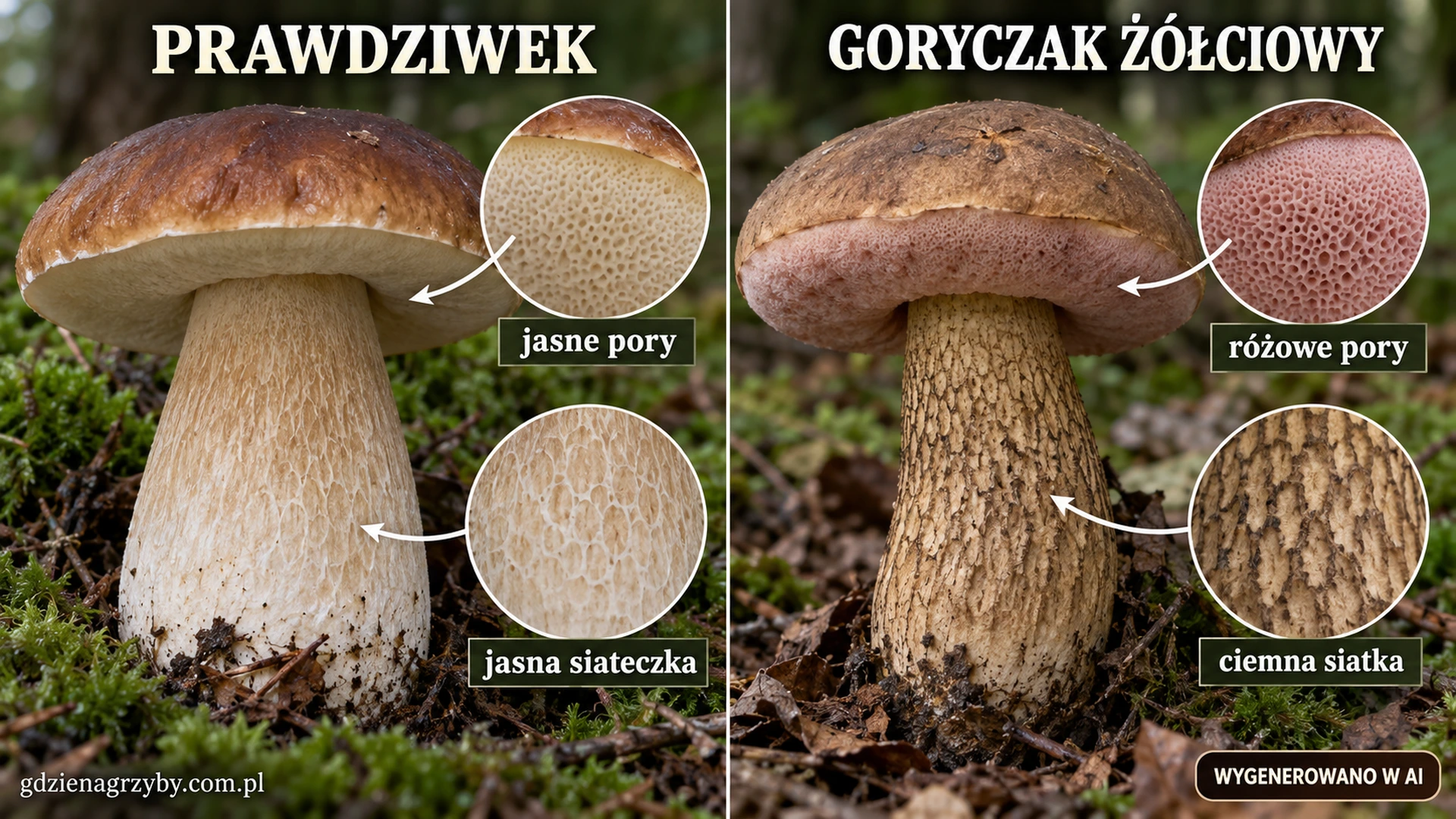 Prawdziwek i goryczak żółciowy z zaznaczonymi różnicami porów oraz siateczki