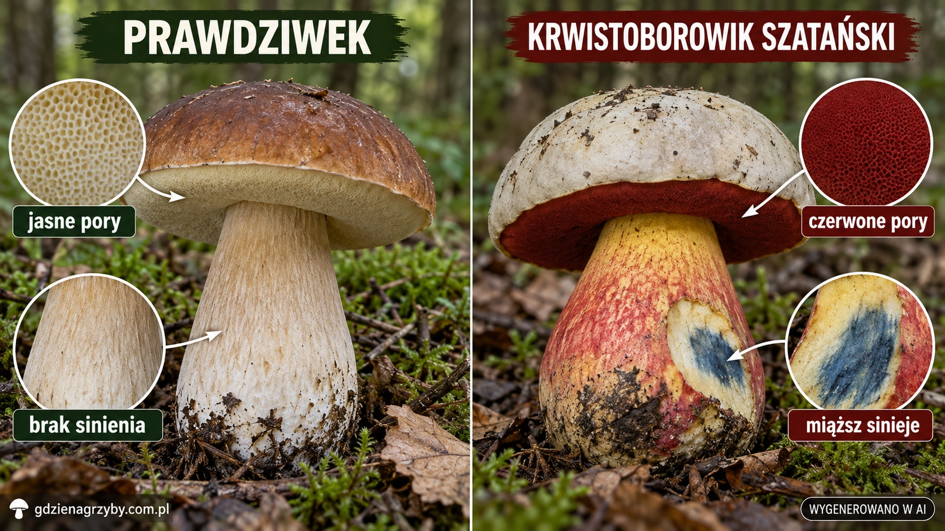 Prawdziwek i krwistoborowik szatański z zaznaczonym kolorem porów oraz sinieniem