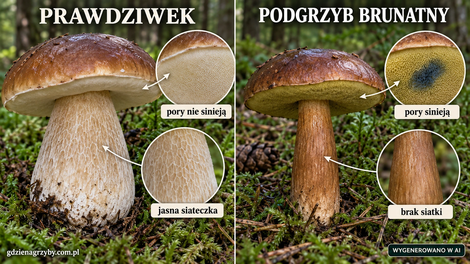 Prawdziwek i podgrzyb brunatny z zaznaczoną siateczką oraz reakcją porów