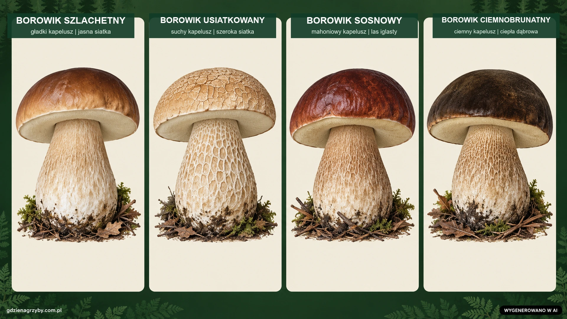 Infografika porównująca cztery gatunki prawdziwków występujących w polskich lasach