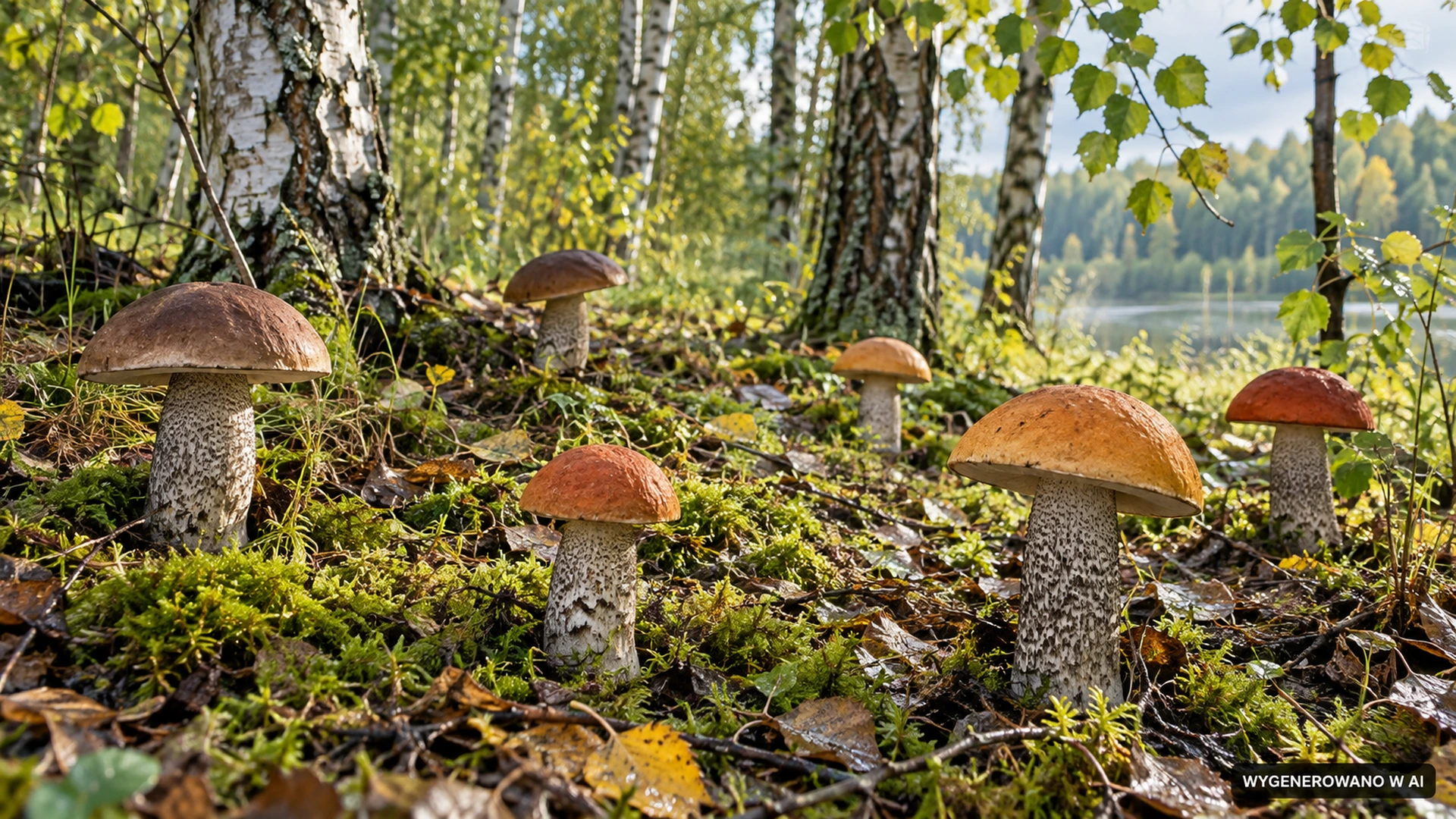 Brązowe i pomarańczowe koźlarze rosnące w wilgotnym lesie brzozowo-osikowym